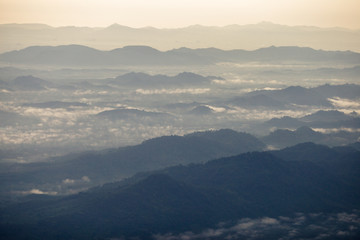 Background, high angle from the passenger plane. You can see the scenery by the distance (mountains, rivers, sky, fog, houses), the photos may be blurred during the flight.