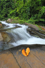 Leaf heart on rock with waterfall in the forest. Thailand waterfall in Chanthaburi (Khao Soi Dao Waterfall)