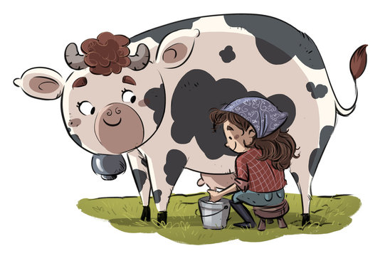 niña ordeñando una vaca feliz