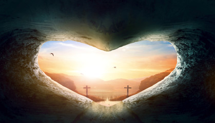Jesus Christ Birth Death Resurrection Concept:Tomb Empty With Crucifixion At Sunrise