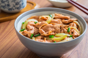 Fried pork with rice in bowl. Japanese food style, Donburi