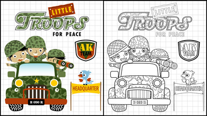 Vector illustration of coloring book or page with little troops cartoon on military truck