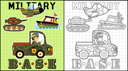 Obraz premium Vector illustration of coloring book or page with military cartoon