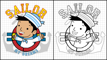 Vector illustration of coloring book or page with little sailor cartoon