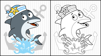 Vector illustration of coloring book or page with dolphin cartoon