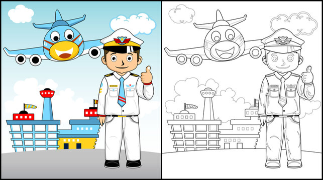 Vector illustration of coloring book or page with pilot cartoon