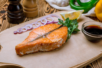 Salmon steak on the grill