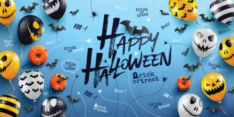 Fototapeten Happy Halloween Background with Halloween Ghost Balloons.Scary air balloons.Website spooky,Background or banner Halloween template.Vector illustration EPS10 © Fotomay