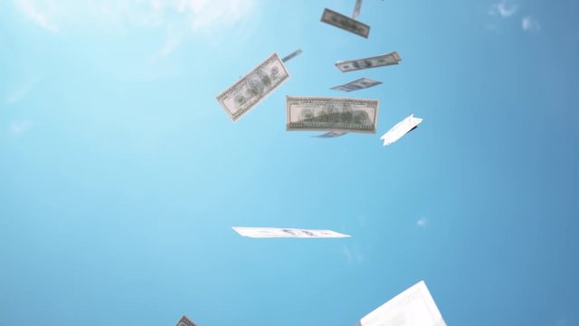 SLOW MOTION, CLOSE UP: $ Money falling from the sky. Hundred dollar bills falling down from blue skies. Successful business bringing piles of money. Profitable job and big salary. Winning the lottery