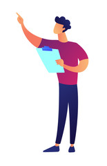 Businessman pointing with finger and holding clipboard vector illustration. Specialist and business manager, project presentation, conference and lecture concept. Isolated on white background.