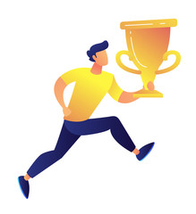 Sportsman running and holding big gold trophy cup award vector illustration