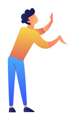 Manager demonstrating with gestures and presenting with both hands vector illustration. Creativity and imagination, consultant and salesman presenting concept. Isolated on white background.