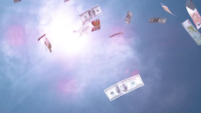 SLOW MOTION, CLOSE UP: $ Money falling from the sky. Euro and dollar bills falling down from blue skies. Successful business bringing piles of money. Profitable job and big salary. Winning the lottery