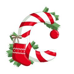 Christmas alphabet. Illustration of letter C with tree, sock and decorations. use for postcards, wallpapers, textiles, scrapbooking, decoration, invitations, background, holiday.