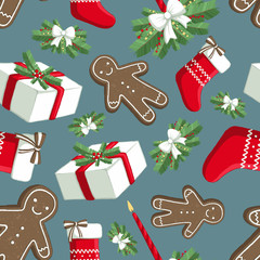 Christmas illustration pattern with decorations, sock, gifts, gingerbread man.  use for postcards, wallpapers, textiles, scrapbooking, decoration, invitations, background, holiday.