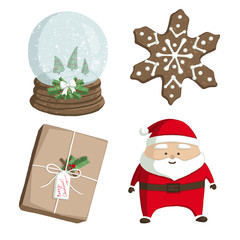 Set with isolated illustrations of snowball, santa, gingerbread and gift.  use for postcards, wallpapers, textiles, scrapbooking, decoration, invitations, background, holiday.