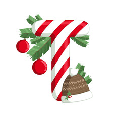 Christmas alphabet. Illustration of letter T with tree, cookies and decorations. use for postcards, wallpapers, textiles, scrapbooking, decoration, invitations, background, holiday.