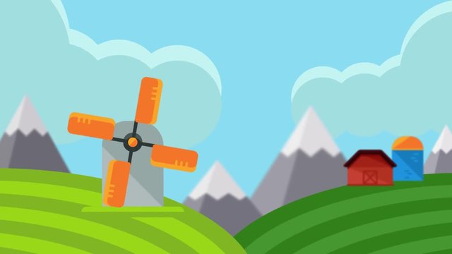 Cartoon scene of cottage or village with windmill like country side in line style