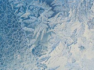 Winter Holidays Season Fantasy World Concept: Macro Image Of A Blue Frosty Window Glass Natural Ice Patterns With Copy Space