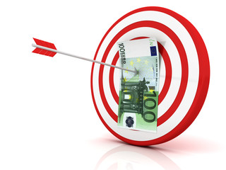 Euro banknote in center of archery target