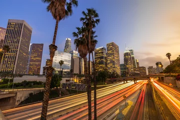 Crédence de cuisine en verre imprimé Los Angeles Soirée des bâtiments du centre-ville de Los Angeles
