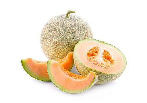Melons, cantaloupe slices isolated on white background