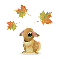 Cute rabbit with maple leaves isolated on white background. Vector illustration of cartoon brown hare. Mid Autumn Festival collection.