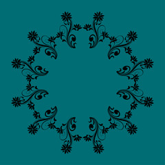 Fototapeta na wymiar Modern pattern. Vector background with black radial shapes and swirls on green. Trendy floral ornament.