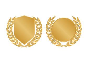 Golden shields laurel badges collection. Gold medal vector illustration.