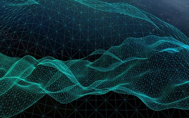 Abstract landscape on a dark background. Star horizon. Cyberspace grid. Hi-tech network. Outer space. Starry outer space texture. 3D illustration