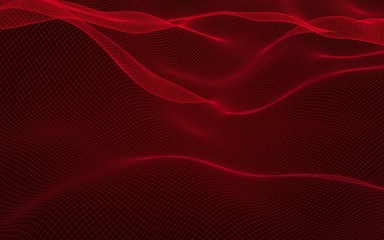 Abstract landscape on a red background. Cyberspace grid. Hi-tech network. 3D illustration