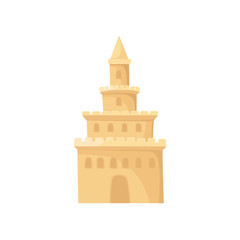 Cartoon icon of high sand castle. Element of beach holidays and summer vacation. Flat vector for children story book or mobile game