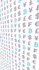 Bitcoin and currency on a white background. Digital Cryptocurrency symbol. Business concept. Market Display. 3D illustration