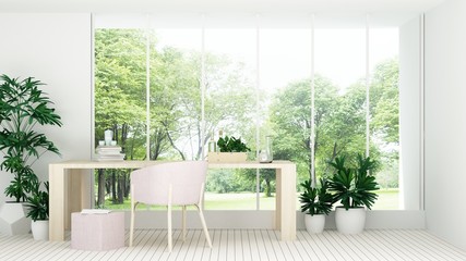 The interior minimal hotel relax space 3d rendering and nature view background