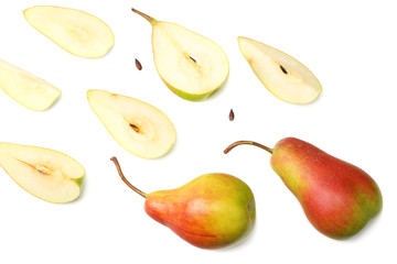 pear with slices isolated on white background. top view