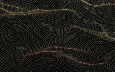 Abstract landscape on a dark background. Cyberspace yellow grid. Hi-tech network. 3D illustration