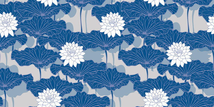 asian style wallpaper pattern with lotus pond in blue shades