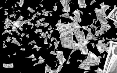 Flying dollars banknotes isolated on dark background. Money is flying in the air. 100 US banknotes new sample. Black and white style. 3D illustration