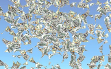 Flying dollars banknotes against the sky background. Money is flying in the air. 100 US banknotes new sample. 3D illustration