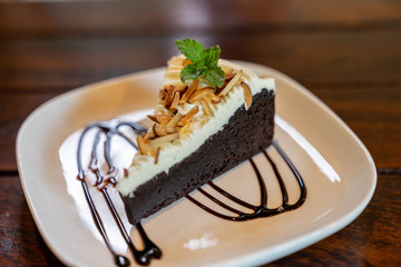 Close up chocolate cake homemade on wooden table
