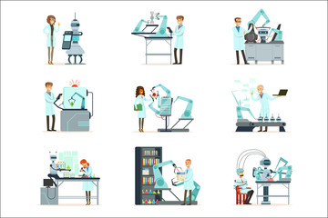 New technologies, artificial intelligence set, scientists working in the laboratory with robotic machines vector Illustrations
