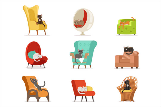 Cute different cats characters lying and resting on armchairs set of vector Illustrations