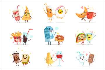 Cute comic food cartoon characters, best friends vector Illustrations