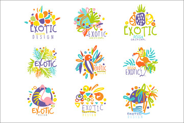 Fototapeta na wymiar Exotic, tropical summer vacation set of logo graphic templates