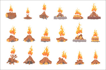 Cartoon bonfires set, types of tourist tcampfires vector Illustrations