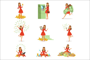 Happy young millionaire woman in a red dress enjoying her money and wealth, set of colorful detailed vector Illustrations
