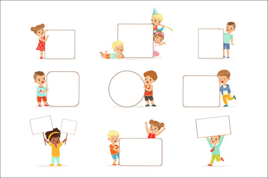 Smiling kids standing with white blank boards set. Happy little boys and girls in casual clothes holding empty posters vector illustrations