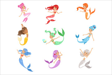 Cute fairy tale mermaid princess with colorful hair and taill set of vector Illustrations