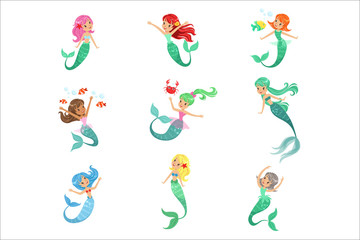 Beautiful fairy tale mermaid princess with colorful hair and taill set of vector Illustrations