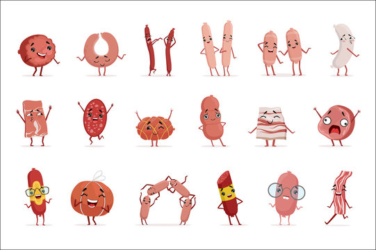 Cute funny humanized sausage showing different emotions set of colorful characters vector Illustrations
